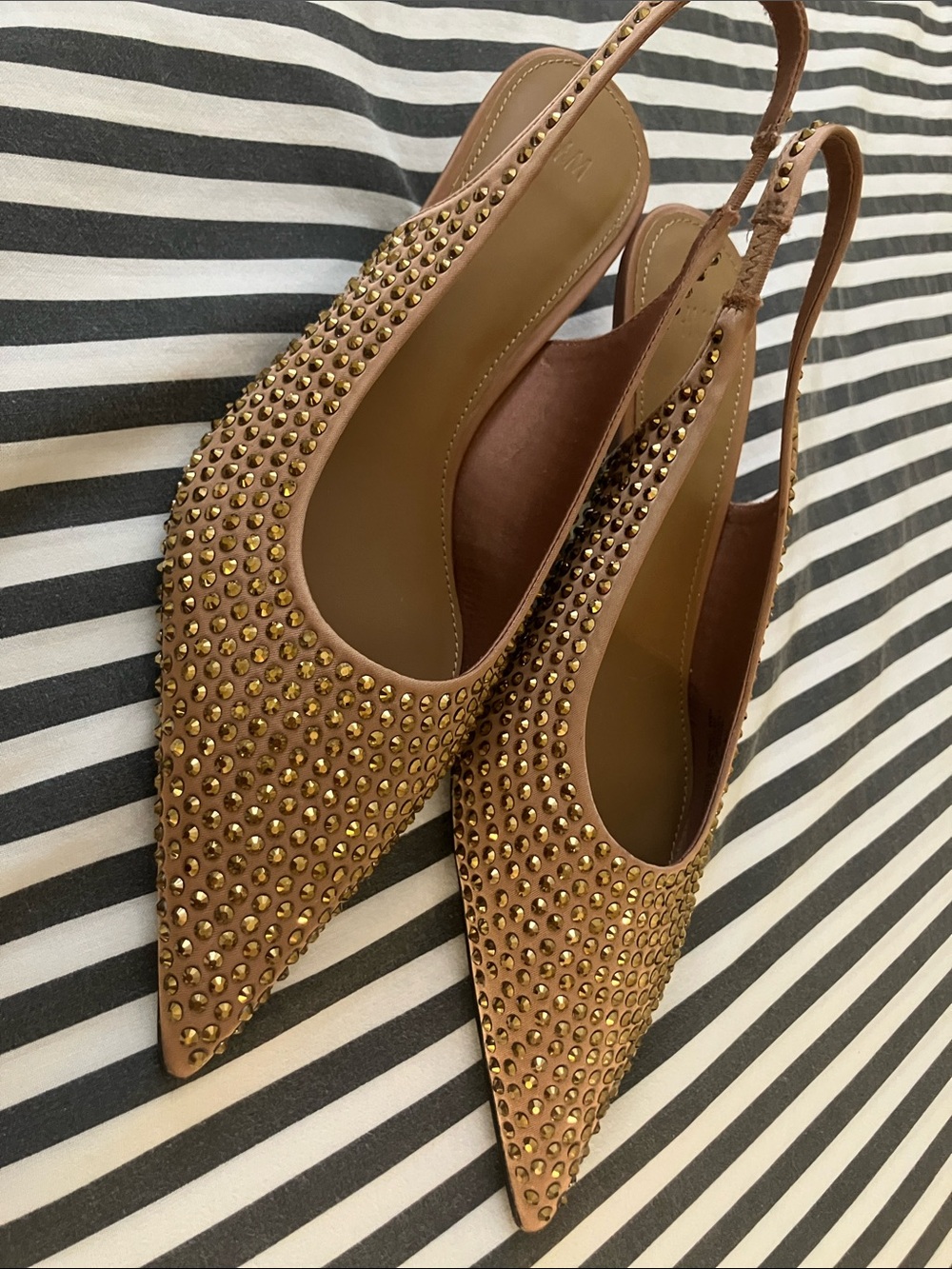 Studded Tan Slingback Pointed Toe Flats